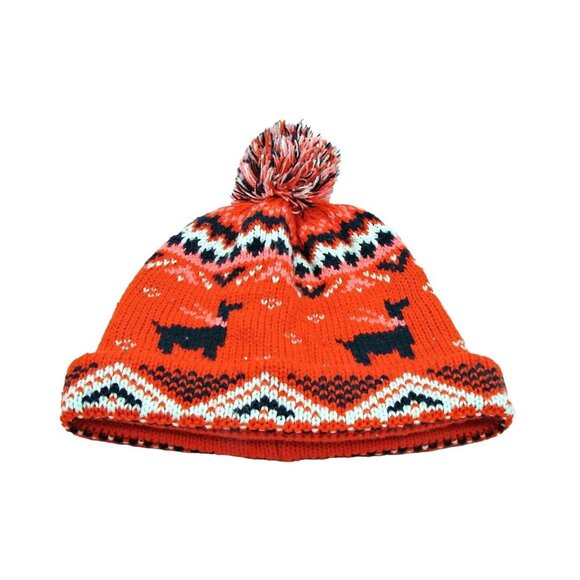 Old Navy Fair Isle Knit Beanie Hat Red with Lama Design Pom Pom Size S-M Acrylic - Picture 1 of 11